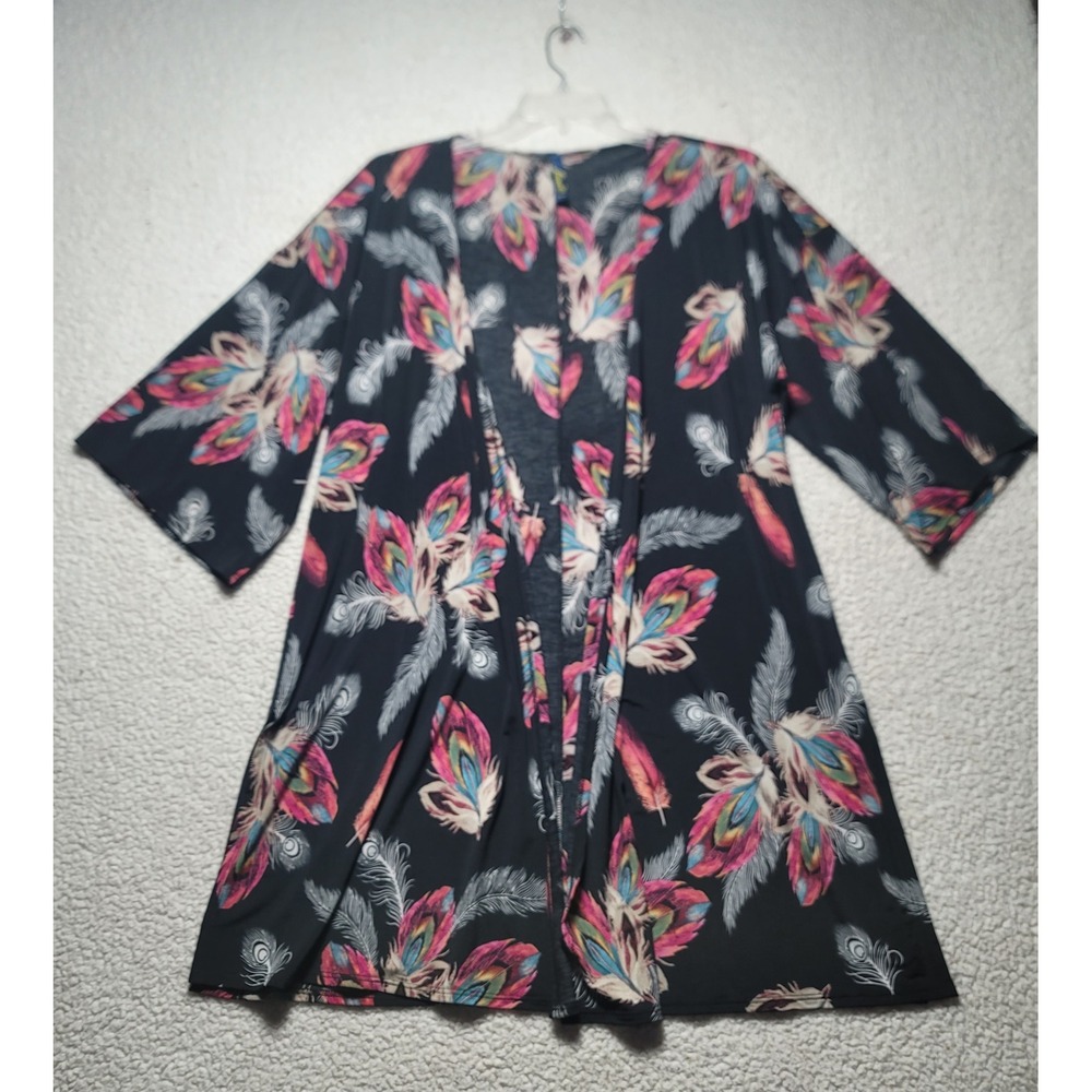 Lames C Womens Black Fuchsia Peacock Feather Print Kimono Cardigan Large USA